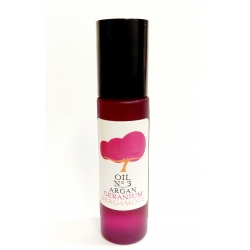 Organic extra virgin Argan infused with Geranium & bergamot essential oil. Pink glass refilable bottle