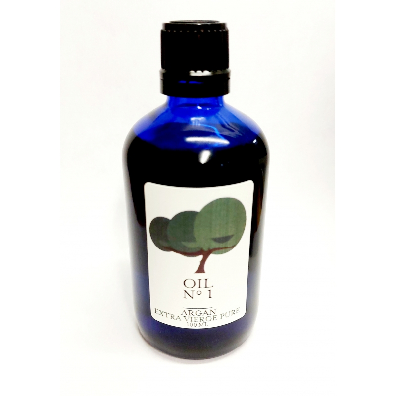 organic fair trade argan oil premium. Supporting women cooperatives UCFA Morocco. 100ml. Dark Blue glass bottle