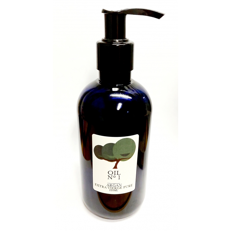 Huile d'argan bio premium commerce equitable UCFA Bouteille blue en PET recyclable avec pompe. Taille professionnelle