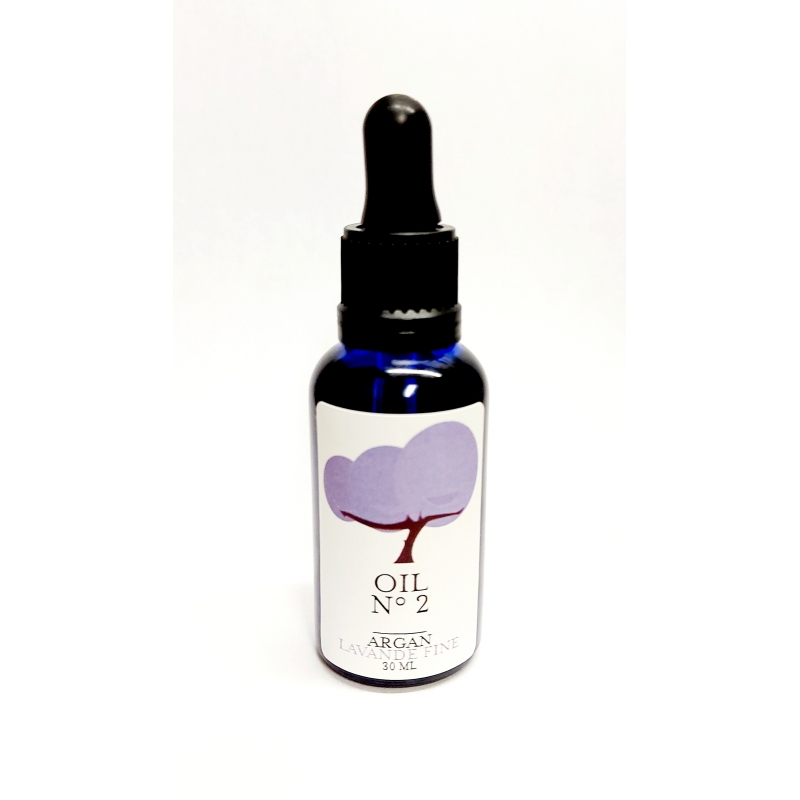 Organic argan oil Fair Trade (UCFA Maroc) infused with lavender essential oils. Dark glass bottle with pipette