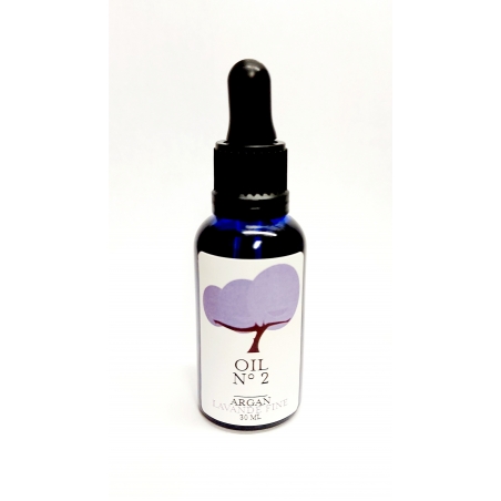 Organic argan oil Fair Trade (UCFA Maroc) infused with lavender essential oils. Dark glass bottle with pipette