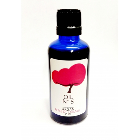 Organic argan oil infused with rosa damascena.  Dark glass blue bottle. 50ml