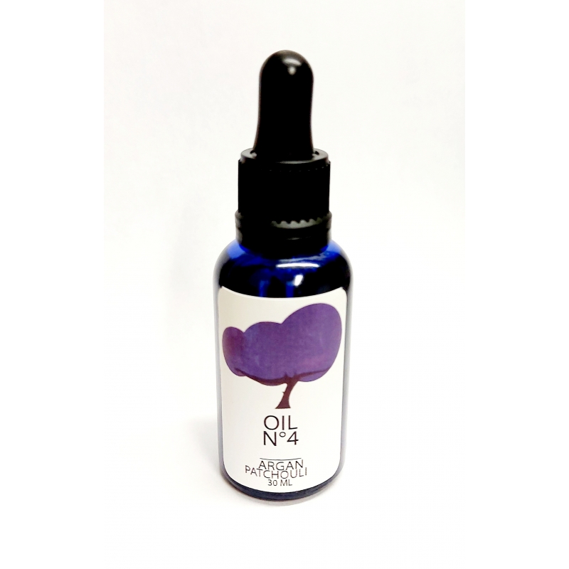 organic argan oil patchouli. Dark blue glass with pipette. 30ml