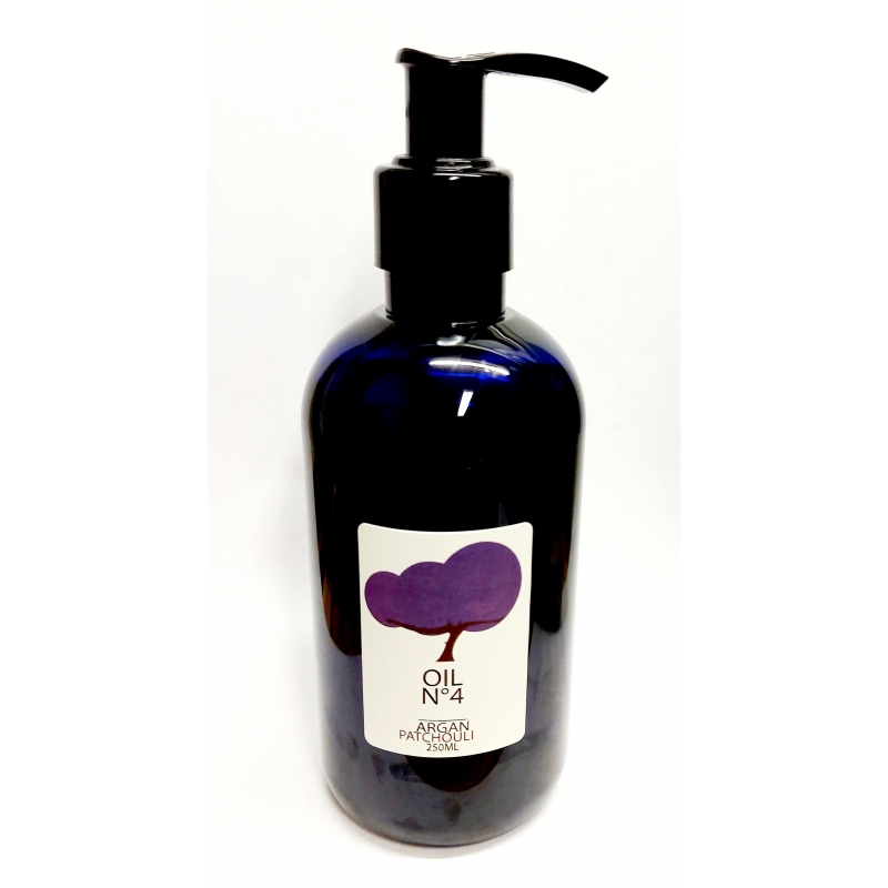 organic argan oil patchouli. PET with pump. Dark blue. 250ML